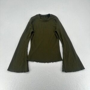 Ribbed Olive Green Bell Sleeve Stretch Long Sleeve Top Small